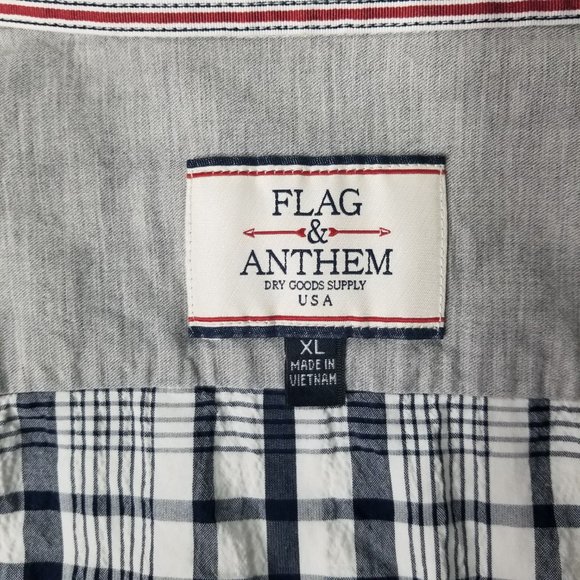 Flag & Anthem Mens XL Plaid Pattern Navy Blue White Button Down Shirt Pocket - Picture 2 of 16
